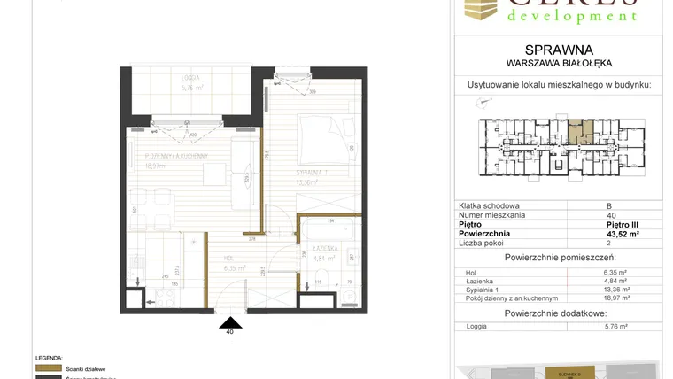 Rzut - Mieszkanie na sprzedaż 2 pokoje o powierzchni 43,52 m² - numer B40 w Osiedle Sprawna