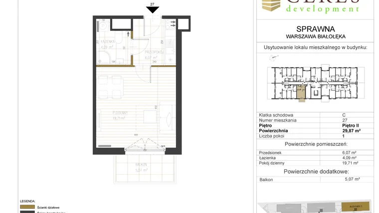 Rzut - Mieszkanie na sprzedaż 1 pokój o powierzchni 29,87 m² - numer C27 w Osiedle Sprawna