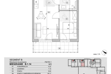 Rzut - Mieszkanie na sprzedaż 2 pokoje o powierzchni 41,36 m² - numer B.1.14 w ATAL Unii Lubelskiej