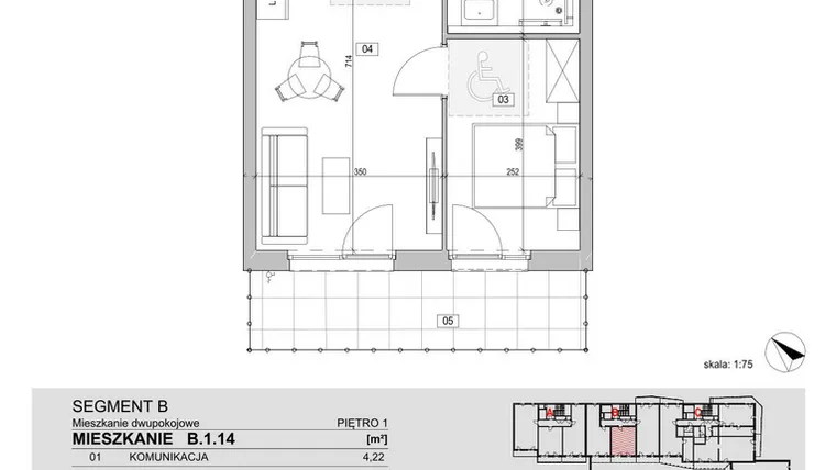 Rzut - Mieszkanie na sprzedaż 2 pokoje o powierzchni 41,36 m² - numer B.1.14 w ATAL Unii Lubelskiej