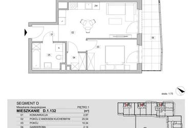 Rzut - Mieszkanie na sprzedaż 2 pokoje o powierzchni 41,84 m² - numer D.1.132 w ATAL Unii Lubelskiej