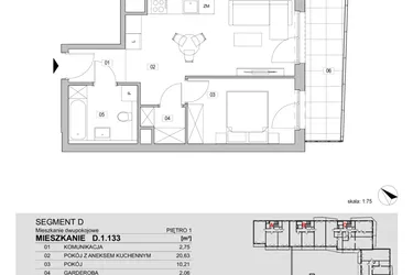 Rzut - Mieszkanie na sprzedaż 2 pokoje o powierzchni 41,46 m² - numer D.1.133 w ATAL Unii Lubelskiej