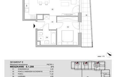 Rzut - Mieszkanie na sprzedaż 2 pokoje o powierzchni 43,75 m² - numer E.1.208 w ATAL Unii Lubelskiej