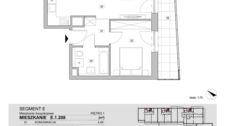 Rzut - Mieszkanie na sprzedaż 2 pokoje o powierzchni 43,75 m² - numer E.1.208 w ATAL Unii Lubelskiej