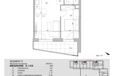 Rzut - Mieszkanie na sprzedaż 2 pokoje o powierzchni 41,2 m² - numer E.1.210 w ATAL Unii Lubelskiej