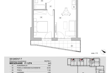 Rzut - Mieszkanie na sprzedaż 2 pokoje o powierzchni 41,71 m² - numer F.1.274 w ATAL Unii Lubelskiej