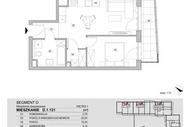 Rzut - Mieszkanie na sprzedaż 2 pokoje o powierzchni 41,63 m² - numer D.1.131 w ATAL Unii Lubelskiej
