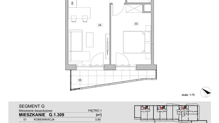 Rzut - Mieszkanie na sprzedaż 2 pokoje o powierzchni 40,67 m² - numer G.1.309 w ATAL Unii Lubelskiej