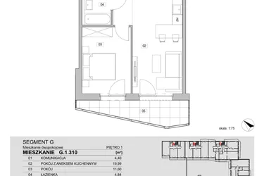 Rzut - Mieszkanie na sprzedaż 2 pokoje o powierzchni 40,83 m² - numer G.1.310 w ATAL Unii Lubelskiej