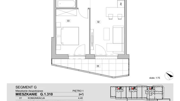 Rzut - Mieszkanie na sprzedaż 2 pokoje o powierzchni 40,83 m² - numer G.1.310 w ATAL Unii Lubelskiej