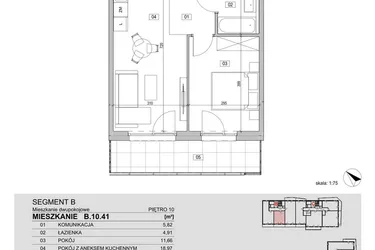 Rzut - Mieszkanie na sprzedaż 2 pokoje o powierzchni 41,36 m² - numer B.10.41 w ATAL Unii Lubelskiej