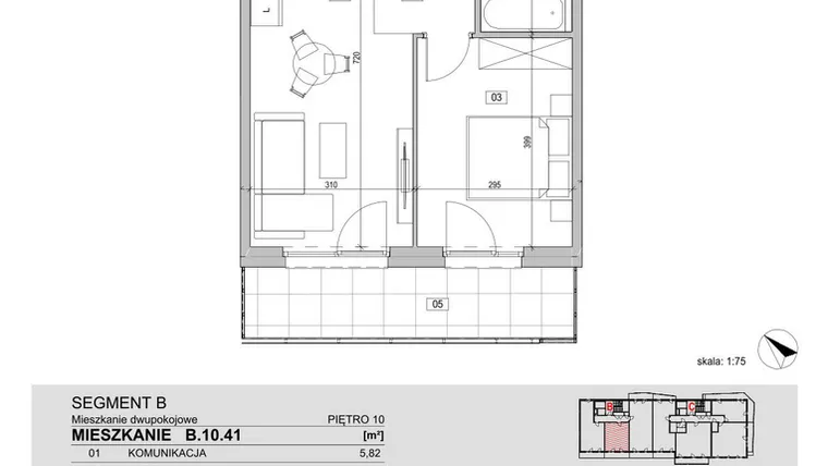Rzut - Mieszkanie na sprzedaż 2 pokoje o powierzchni 41,36 m² - numer B.10.41 w ATAL Unii Lubelskiej