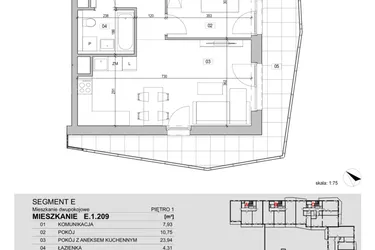 Rzut - Mieszkanie na sprzedaż 2 pokoje o powierzchni 46,93 m² - numer E.1.209 w ATAL Unii Lubelskiej