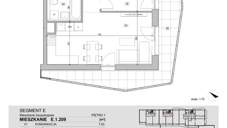 Rzut - Mieszkanie na sprzedaż 2 pokoje o powierzchni 46,93 m² - numer E.1.209 w ATAL Unii Lubelskiej