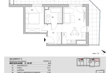 Rzut - Mieszkanie na sprzedaż 2 pokoje o powierzchni 38,63 m² - numer C.10.97 w ATAL Unii Lubelskiej