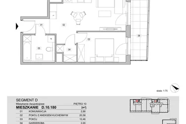 Rzut - Mieszkanie na sprzedaż 2 pokoje o powierzchni 42,07 m² - numer D.10.180 w ATAL Unii Lubelskiej