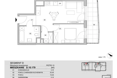 Rzut - Mieszkanie na sprzedaż 2 pokoje o powierzchni 42,15 m² - numer D.10.179 w ATAL Unii Lubelskiej