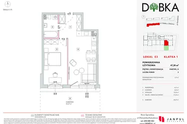 Rzut - Mieszkanie na sprzedaż 2 pokoje o powierzchni 47,5 m² - numer E1_03 w DOBKA etap 2