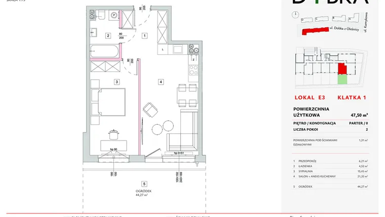 Rzut - Mieszkanie na sprzedaż 2 pokoje o powierzchni 47,5 m² - numer E1_03 w DOBKA etap 2