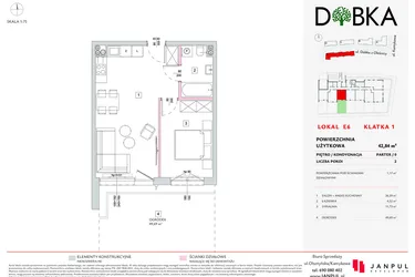Rzut - Mieszkanie na sprzedaż 2 pokoje o powierzchni 42,84 m² - numer E1_06 w DOBKA etap 2