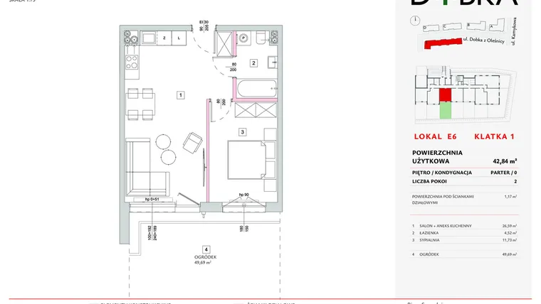 Rzut - Mieszkanie na sprzedaż 2 pokoje o powierzchni 42,84 m² - numer E1_06 w DOBKA etap 2