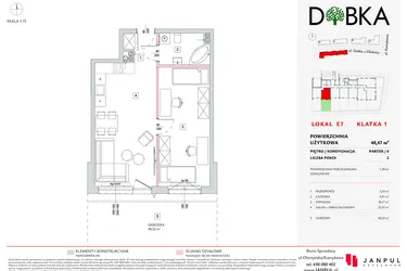 Rzut - Mieszkanie na sprzedaż 2 pokoje o powierzchni 48,47 m² - numer E1_07 w DOBKA etap 2