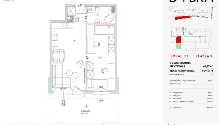 Rzut - Mieszkanie na sprzedaż 2 pokoje o powierzchni 48,47 m² - numer E1_07 w DOBKA etap 2