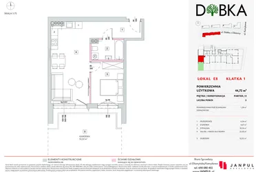 Rzut - Mieszkanie na sprzedaż 2 pokoje o powierzchni 44,72 m² - numer E1_08 w DOBKA etap 2