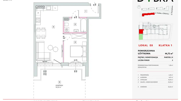 Rzut - Mieszkanie na sprzedaż 2 pokoje o powierzchni 44,72 m² - numer E1_08 w DOBKA etap 2