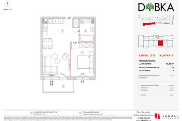 Rzut - Mieszkanie na sprzedaż 2 pokoje o powierzchni 42,84 m² - numer E1_12 w DOBKA etap 2