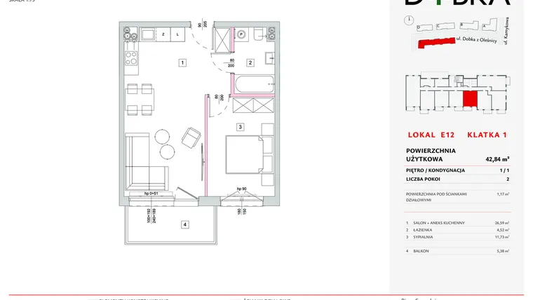 Rzut - Mieszkanie na sprzedaż 2 pokoje o powierzchni 42,84 m² - numer E1_12 w DOBKA etap 2