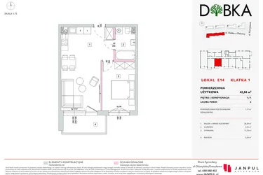 Rzut - Mieszkanie na sprzedaż 2 pokoje o powierzchni 42,84 m² - numer E1_14 w DOBKA etap 2