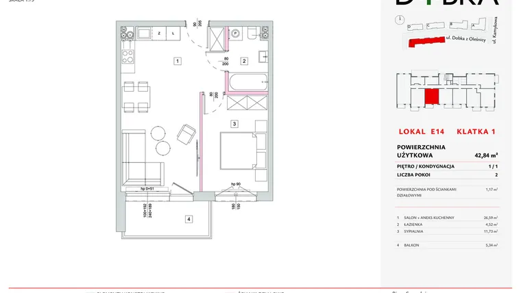 Rzut - Mieszkanie na sprzedaż 2 pokoje o powierzchni 42,84 m² - numer E1_14 w DOBKA etap 2