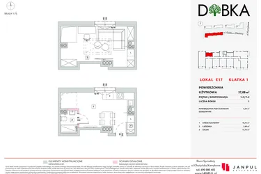 Rzut - Mieszkanie na sprzedaż 1 pokój o powierzchni 37,08 m² - numer E1_17 w DOBKA etap 2