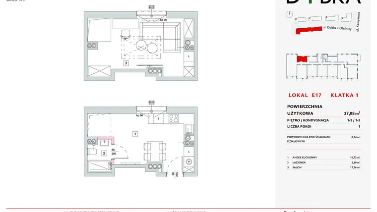 Rzut - Mieszkanie na sprzedaż 1 pokój o powierzchni 37,08 m² - numer E1_17 w DOBKA etap 2