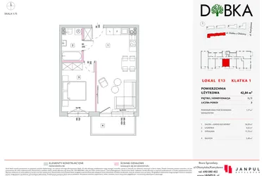 Rzut - Mieszkanie na sprzedaż 2 pokoje o powierzchni 42,84 m² - numer E1_13 w DOBKA etap 2
