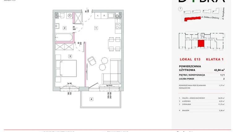 Rzut - Mieszkanie na sprzedaż 2 pokoje o powierzchni 42,84 m² - numer E1_13 w DOBKA etap 2