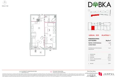Rzut - Mieszkanie na sprzedaż 2 pokoje o powierzchni 50,63 m² - numer E1_25 w DOBKA etap 2