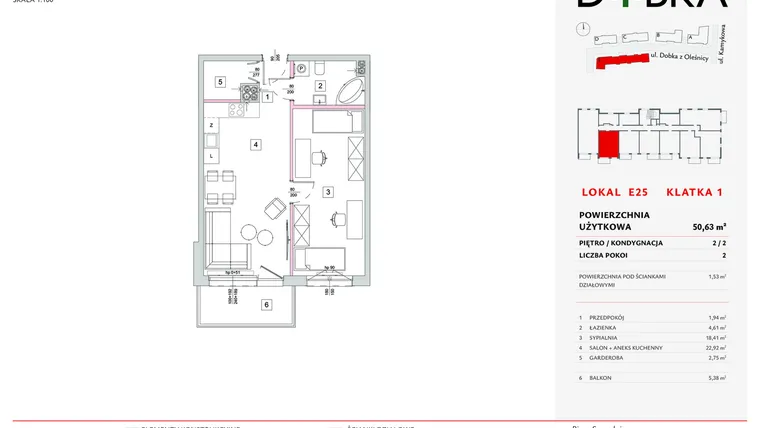 Rzut - Mieszkanie na sprzedaż 2 pokoje o powierzchni 50,63 m² - numer E1_25 w DOBKA etap 2