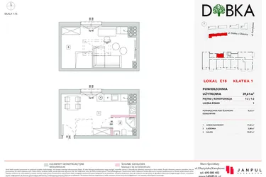 Rzut - Mieszkanie na sprzedaż 1 pokój o powierzchni 39,61 m² - numer E1_18 w DOBKA etap 2