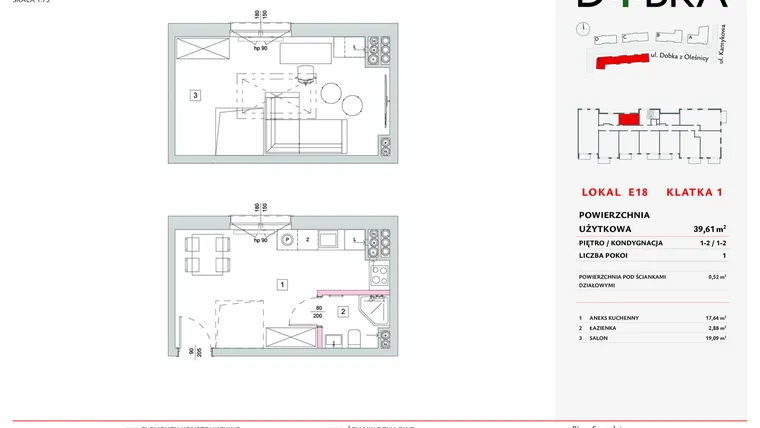 Rzut - Mieszkanie na sprzedaż 1 pokój o powierzchni 39,61 m² - numer E1_18 w DOBKA etap 2