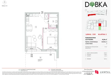Rzut - Mieszkanie na sprzedaż 2 pokoje o powierzchni 42,84 m² - numer E2_29 w DOBKA etap 2