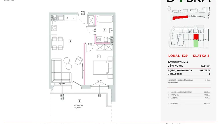 Rzut - Mieszkanie na sprzedaż 2 pokoje o powierzchni 42,84 m² - numer E2_29 w DOBKA etap 2