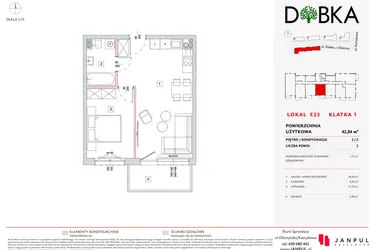 Rzut - Mieszkanie na sprzedaż 2 pokoje o powierzchni 42,84 m² - numer E1_23 w DOBKA etap 2
