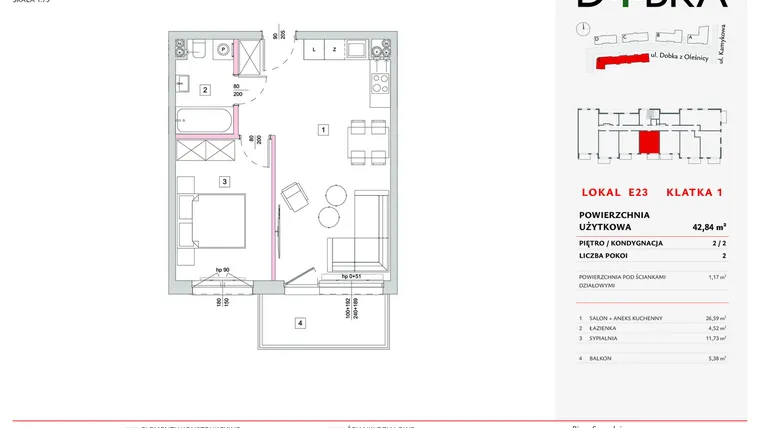Rzut - Mieszkanie na sprzedaż 2 pokoje o powierzchni 42,84 m² - numer E1_23 w DOBKA etap 2
