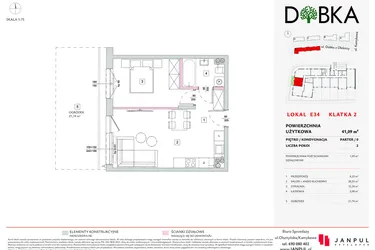 Rzut - Mieszkanie na sprzedaż 2 pokoje o powierzchni 41,09 m² - numer E2_34 w DOBKA etap 2