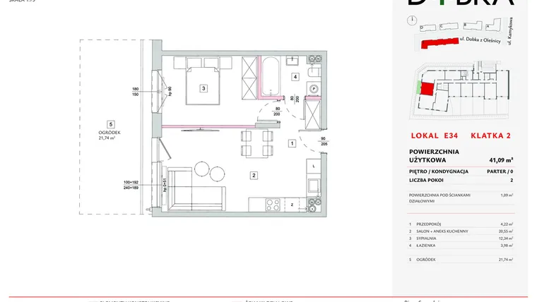 Rzut - Mieszkanie na sprzedaż 2 pokoje o powierzchni 41,09 m² - numer E2_34 w DOBKA etap 2