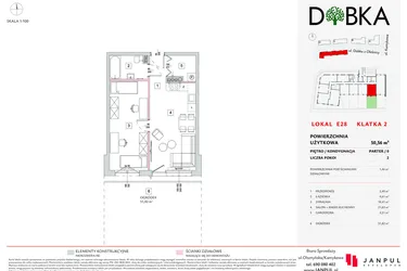 Rzut - Mieszkanie na sprzedaż 2 pokoje o powierzchni 50,56 m² - numer E2_28 w DOBKA etap 2