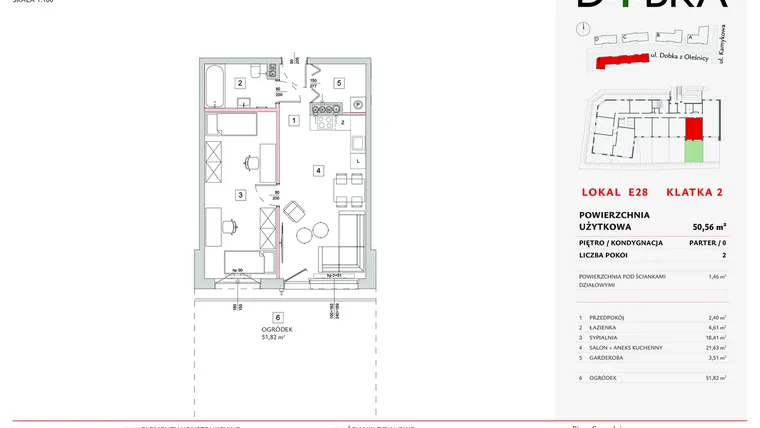 Rzut - Mieszkanie na sprzedaż 2 pokoje o powierzchni 50,56 m² - numer E2_28 w DOBKA etap 2