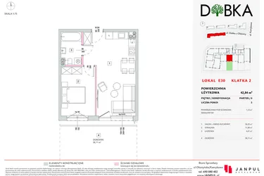 Rzut - Mieszkanie na sprzedaż 2 pokoje o powierzchni 42,84 m² - numer E2_30 w DOBKA etap 2
